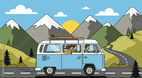 A blue van with people driving on a road with mountains and trees in the background on a sunny day