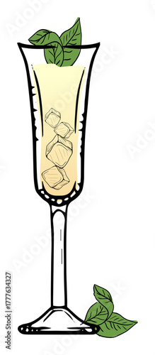 Elegant glass of cocktail featuring ice cubes and mint leaves, perfect for a summer party.