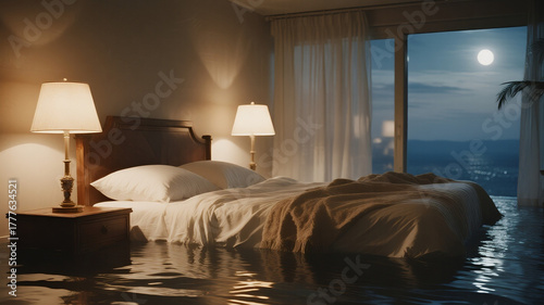 cozy bed with white sheets floating on midnight sea, dim bedside lamp