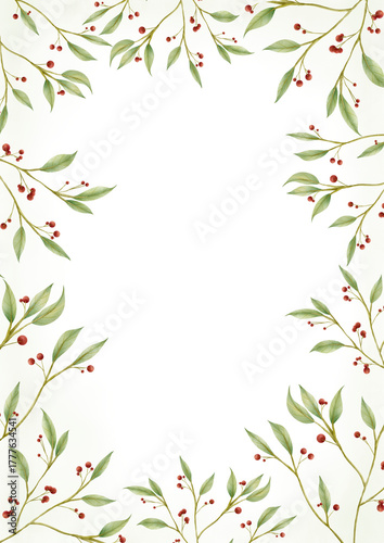 Watercolor Botanical Green Leaf Berry Frame