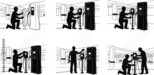 Silhouette vector illustration of people using electric vehicle charging stations, plugging cables, inspecting equipment, parking garage, renewable energy, technology, and industry