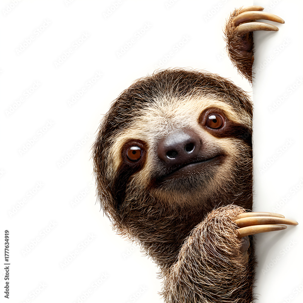 Fototapeta premium Curious sloth peeking around a white corner with a gentle smile