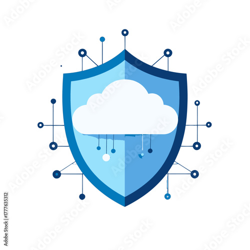 Blue Shield Protecting Cloud Data With Digital Network Connections On White Background