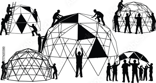 Silhouette vector illustration of workers building geodesic domes, teamwork, architecture, engineering, construction process, structural design, innovation, collaboration, industry, and technology