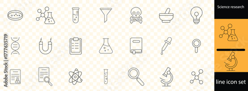 Science research line icon set . biology, laboratory, experiment, scientist, research, physics, chemistry and more. Outline Icon Collection. Vector illustration