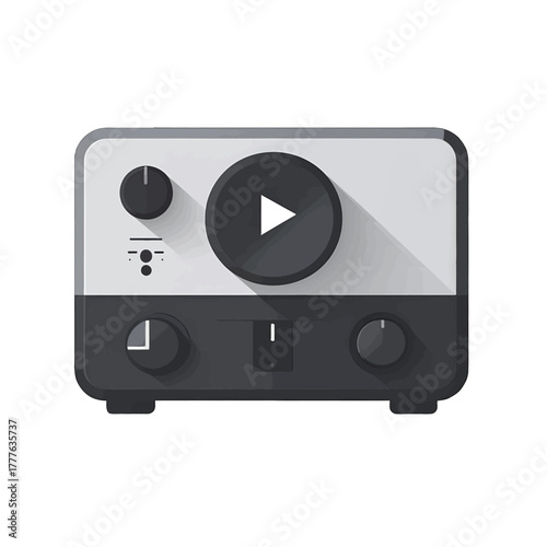 Retro Style Audio Mixer With Play Button Graphic In A Digital Design And Long Shadow Effect