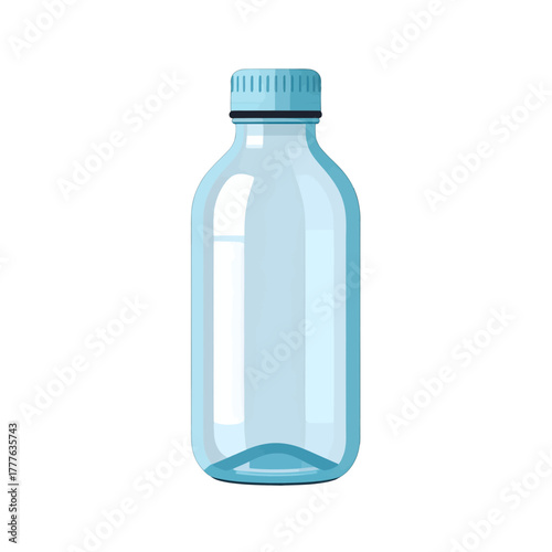 Clear Blue Glass Water Bottle with Light Blue Screw Cap and Minimal Water Inside Isolated on White Studio Background Subtle Highlights
