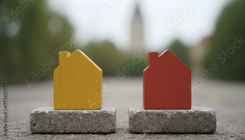 Fototapeta Naklejka Na Ścianę i Meble -  Two miniature houses, one yellow and one red, sit on concrete blocks outdoors.