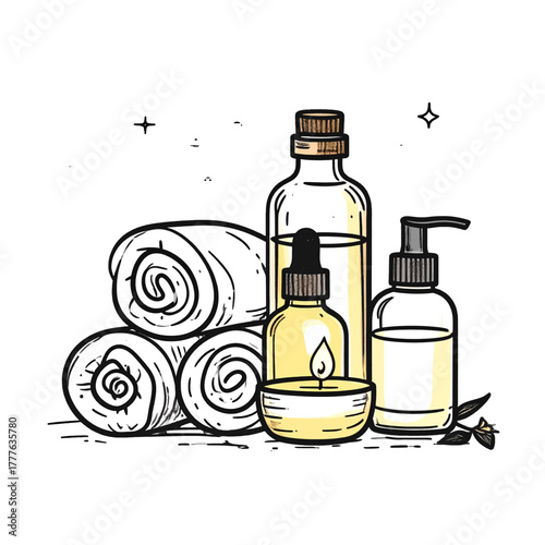 Aromatherapy massage oils and rolled towels with a lit candle and botanical sprig on a white background