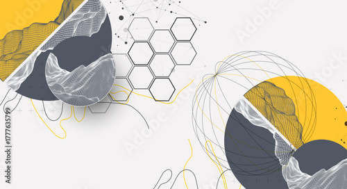 Abstract wireframe background. Modern science or technology art elements. Surface illustration inside circles