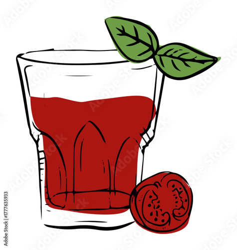Hand-drawn illustration of a red tomato cocktail with fresh basil, perfect for menu or card design.