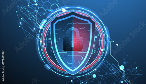 Abstract technological background on the topic of information protection. Various technological elements with padlocks inside which is a digital code.