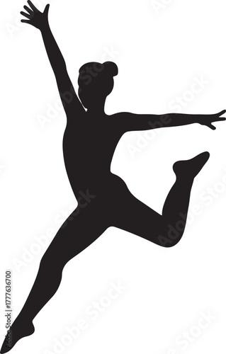 Female gymnast silhouette performs a dynamic artistic jump or leap with raised arms.