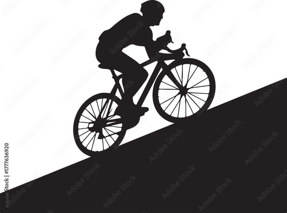 Fototapeta premium Silhouette of male cyclist on a road bike riding uphill, demonstrating effort and sport