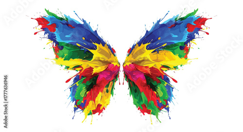 Colorful butterfly wings made of paint splashes on a white background in a symmetrical arrangement