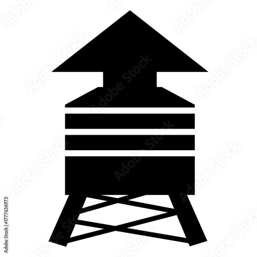 black and white water storage tower vector, industrial structure concept, minimal geometric design, isolated on white.