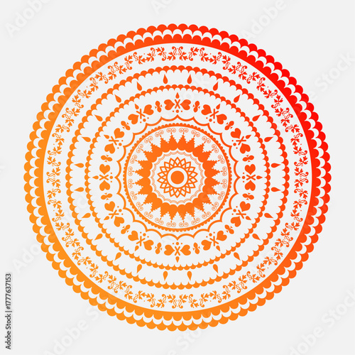 This mandala, with its beautiful red and yellow gradient. This mandala is perfect for meditation spaces or to create a joyful and serene atmosphere in any environment.