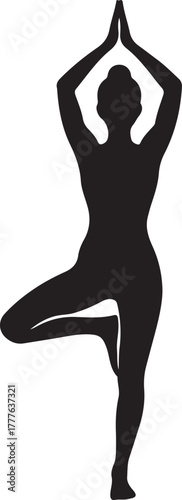 Silhouette of person practicing yoga tree pose, balancing and meditating for spiritual wellness.