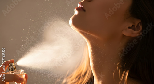 Elegant woman spraying a luxurious perfume onto her neck, a delicate mist of fragrance enhancing personal beauty and self-care routine