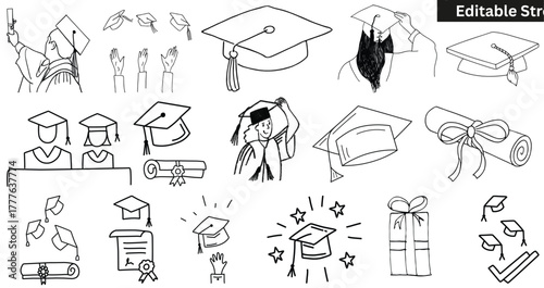 Set of hand drawn graduation icons. Vector sketch doodle collection of graduate caps, diplomas, and students. Editable stroke.