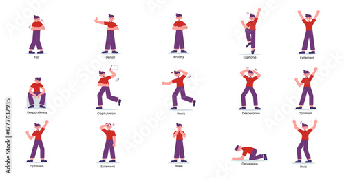 Diverse illustrations of characters embodying a range of emotions like fear, excitement, and hope.