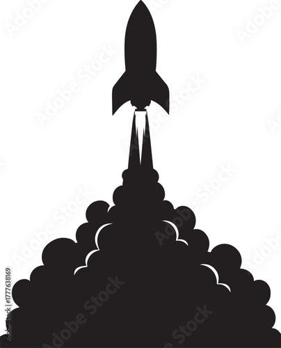 Rocket takeoff silhouette with smoke, illustrating progress, startup and innovation concept