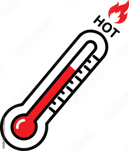 
A vector icon of a tilted thermometer with a thick black outline, showing a high temperature with the word "HOT" and a flame symbol at the top.