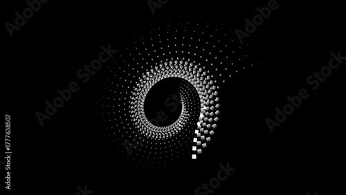 Hypnotic grayscale dot pattern forming a central eye or loop. Elegant dark background featuring a twisting, dotted helix.