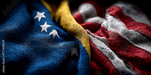 Tension between nations portrayed through contrasting flags in political context