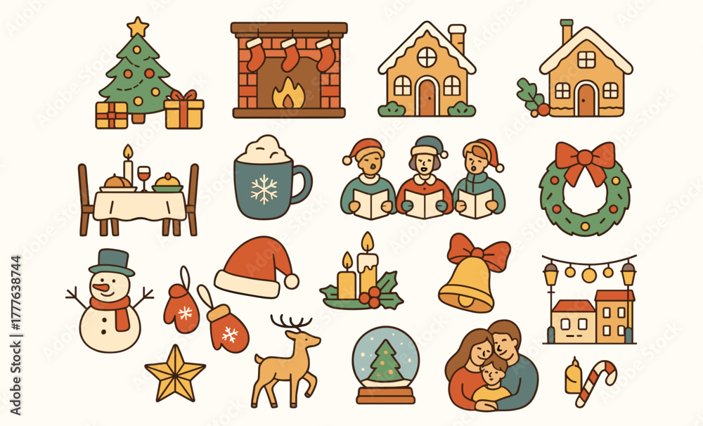 Fototapeta premium Christmas Linear Icons – Holiday Celebration and Winter Traditions