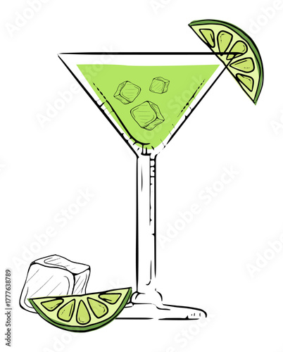 Illustration of a lime cocktail in a martini glass with ice cubes and lime slices, perfect for summer.