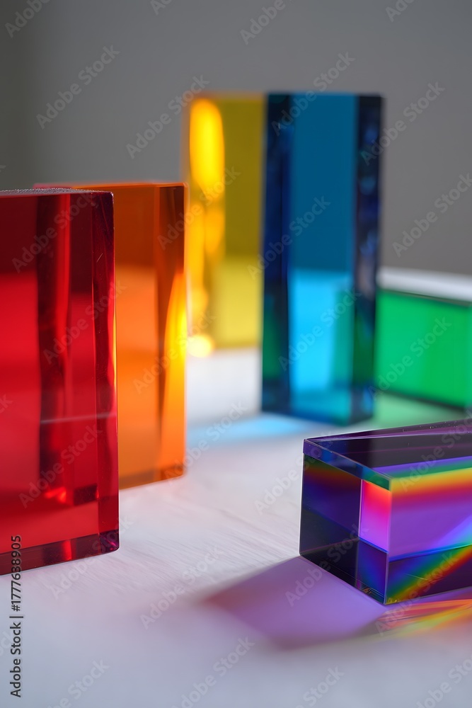 Fototapeta premium Colorful translucent blocks arranged on a white surface casting vibrant shadows and reflections