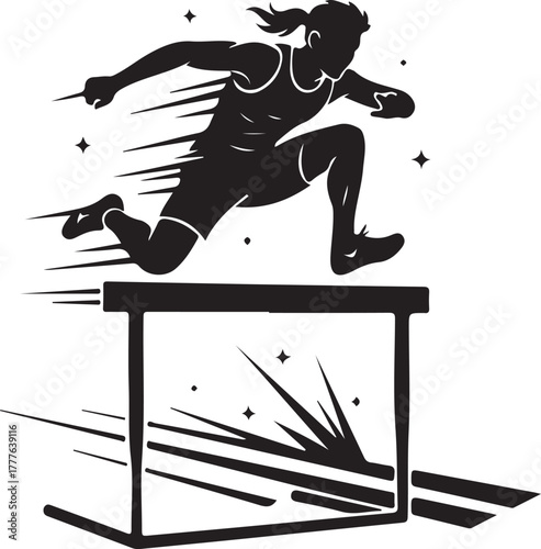 Dynamic silhouette of a female athlete gracefully leaping over a track hurdle with great speed