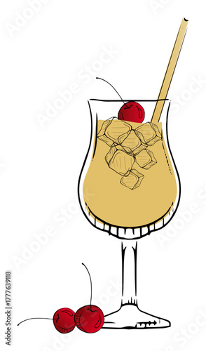 Illustration of a cocktail with ice and cherries, featuring a straw in a stylish glass.