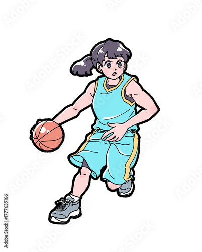 水色のユニフォームを着てドリブルをする女子バスケットボールの選手のイラスト