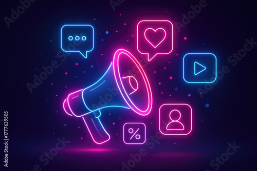 Neon megaphone broadcasting social media icons and digital particles against dark background loudspeaker
