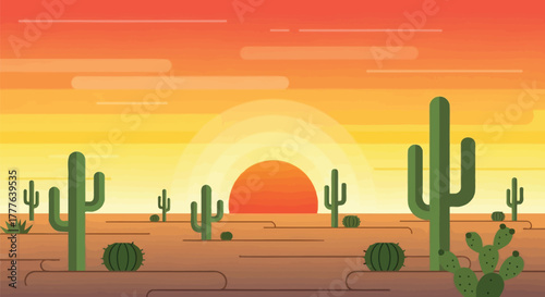 A flat illustration of a desert landscape with cacti and a sunset in warm colors and a clear sky