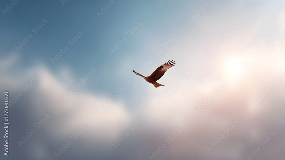 Fototapeta premium A powerful bird of prey with wings spread wide glides through atmospheric clouds under a bright warm sky symbolizing freedom and the wild