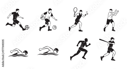 Diverse sports and athletic activities represented by black vector images