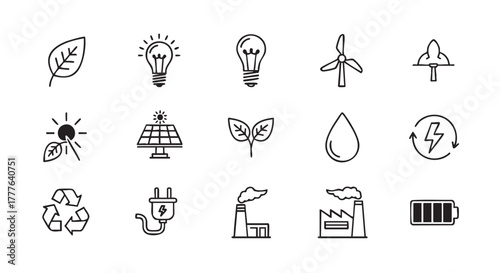 Eco friendly and sustainable energy black line icon set concept