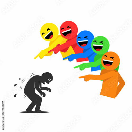 Stick figures bullying and pointing at a dark silhouette stick figure, conveying the concept of cyberbullying, social pressure, humiliation, and negative emotions, isolated on a white background.