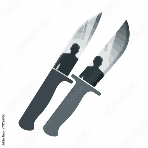 Two stylized knives with gray handles and reflective blades showing silhouetted figures, presented on a clean white background in a conceptual graphic illustration.