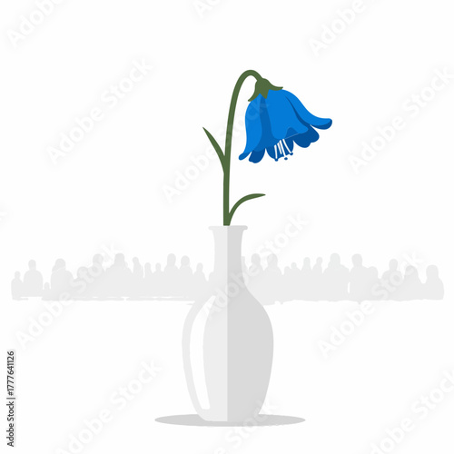 Bluebell flower in a white vase against blurred silhouettes of people, conceptual artwork depicting loneliness, solitude, and the disconnect between individuals and society.