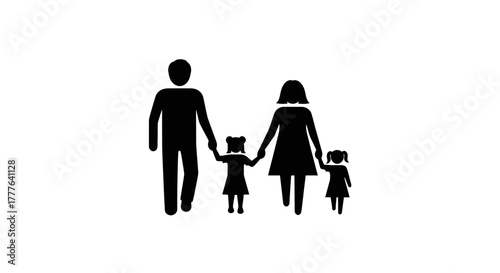 A simple black silhouette depicting a family of four holding hands
