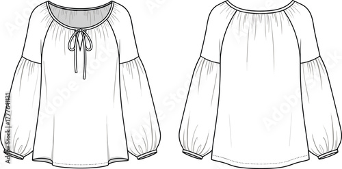 Women's peasant blouse flat sketch, fashion technical drawing, long sleeve top CAD, gathered neckline shirt design, vector illustration template