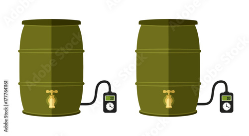 Two olive green barrels with spigots and connected digital displays