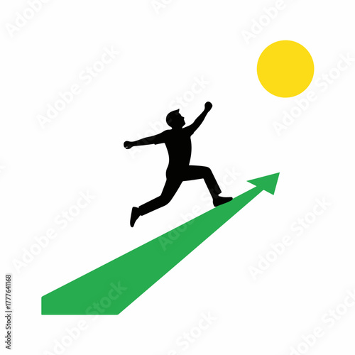 Silhouette of a man running up a green arrow towards a yellow sun or goal, symbolizing achievement, growth, and success on a white background.