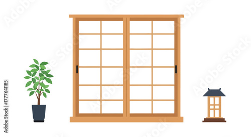 Simple illustration featuring a wooden sliding door plant and lantern