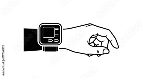 A hand wearing a digital smartwatch displaying a black screen