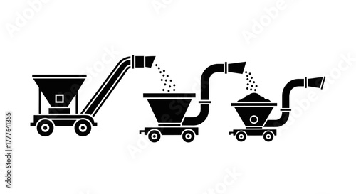 A series of industrial carts transporting materials via conveyor belts